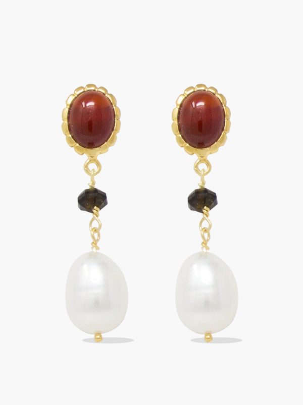 Gold-plated carnelian, onyx and pearl drop earrings by Vintouch Jewels. 