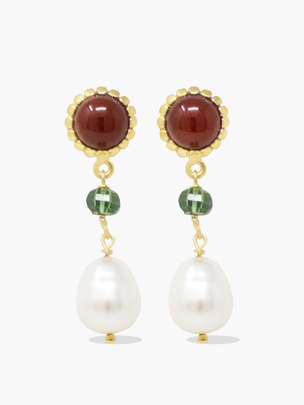 18-karat gold plated silver carnelian, green agate and pearl earrings. 