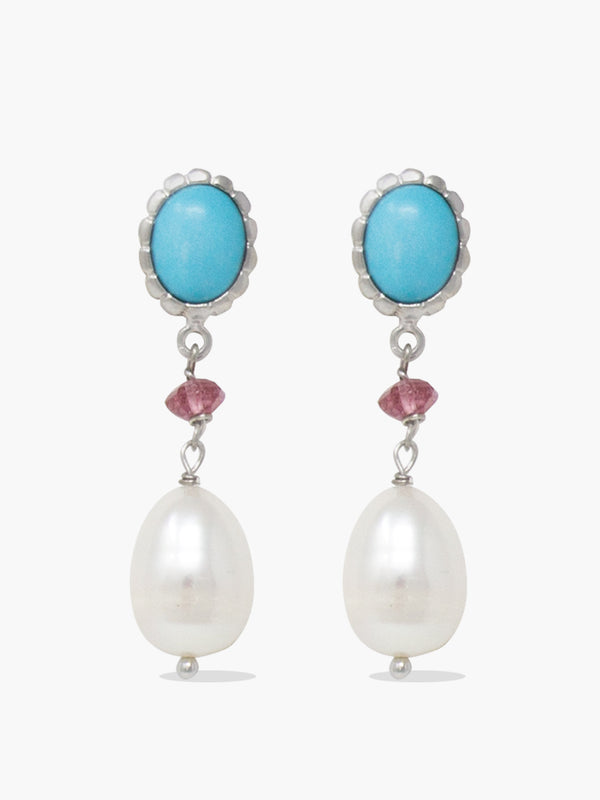 Sterling Silver Turquoise, Pink Quartz and Pearl Drop Earrings by Vintouch Jewels.