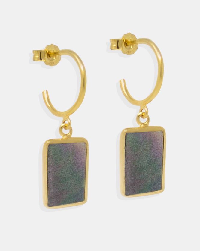 Inspired from art deco shapes, these mini hoop earrings are handmade in the Vintouch's studio from 18k gold-plated silver featuring dark mother of pearl elegantly iridescent, adding a shimmering effect to each movement you'll make.