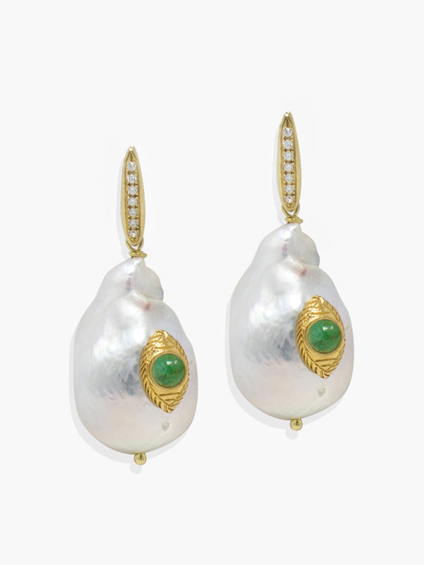 The Eye Baroque Pearl & Green Emerald Earrings by Vintouch Jewels