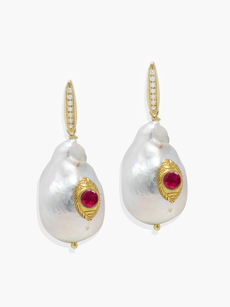 Vintouch's The Eye Baroque Pearl and Pink Ruby Earrings