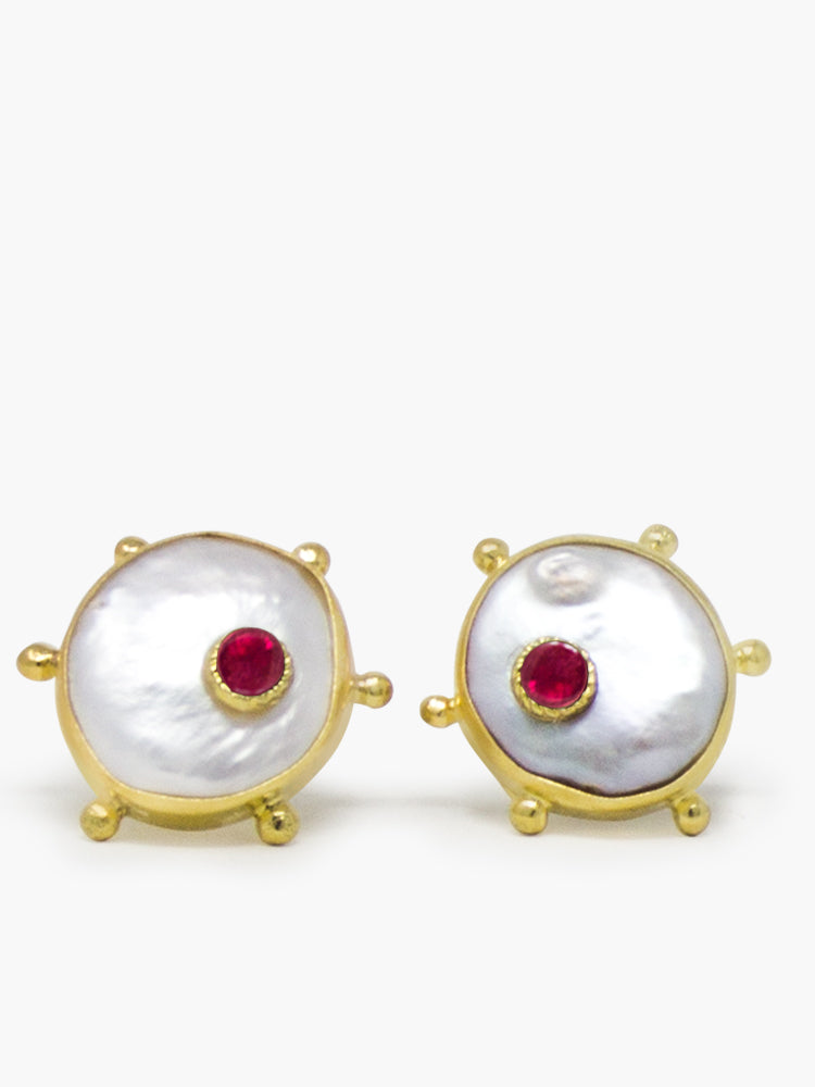 Vintouch's Rebel Rebel Pink Ruby & Keshi Pearl Gold-plated Silver Stud Earrings.