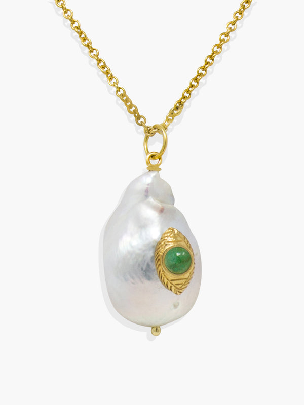 Vintouch's The Eye Green Emerald and Baroque Pearl Pendant Necklace