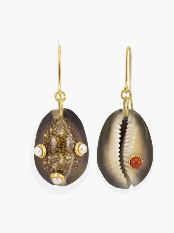 Cowrie Shell Earrings featuring pearls and coral | Vintouch Jewels