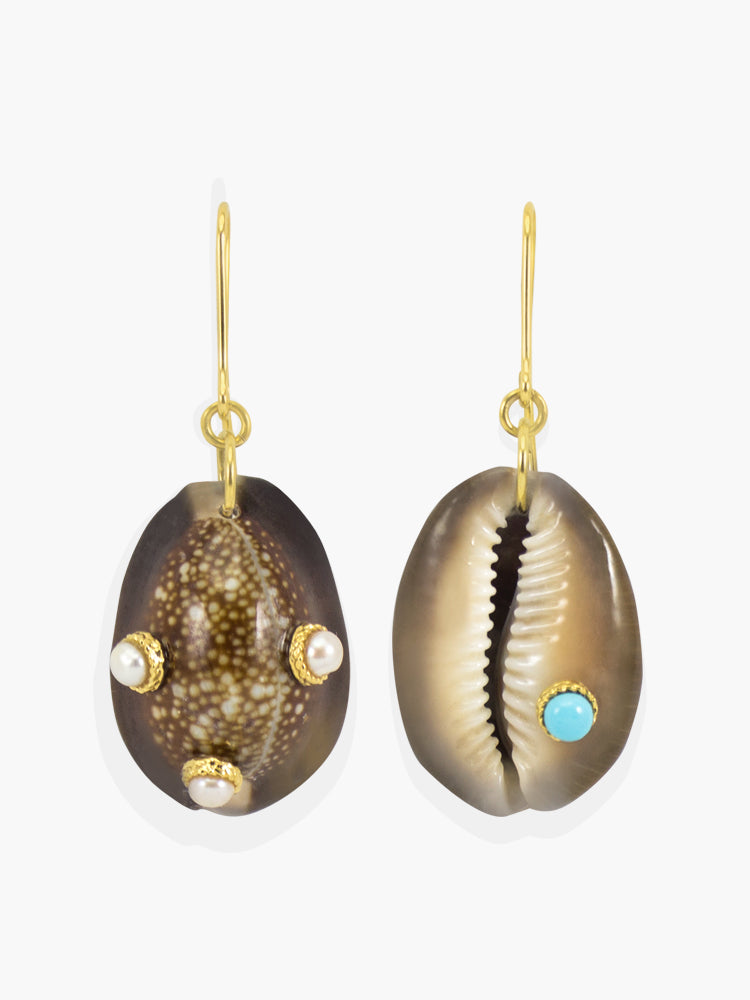 Pearls and Turquoise Dark Cowrie Shell Earrings | Vintouch Jewels