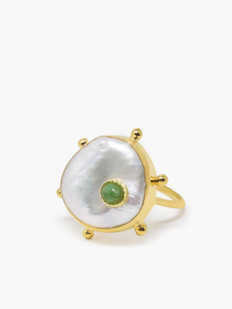 Rebel Rebel Green Emerald & Keshi Pearl Stacking Ring by Vintouch Jewels.