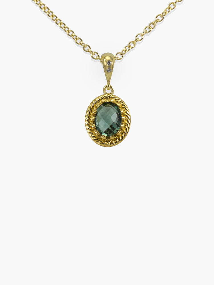 Green Agate Pendant Necklace by Vintouch Jewels. Delicately handmade from 18k gold over sterling silver. Chain measures 18 inches. Green agate gemstone measures 9x7 mm. 
