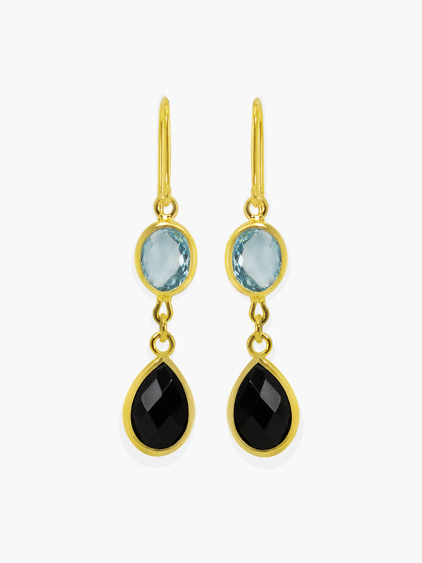 Sky blue topaz and onyx drop earrings set in gold vermeil or solid gold.