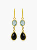 Amalfi Drop Earrings by Vintouch Jewels, set with sky blue topaz and black onyx. Available either in 14k yellow gold or 18k gold plated silver. 