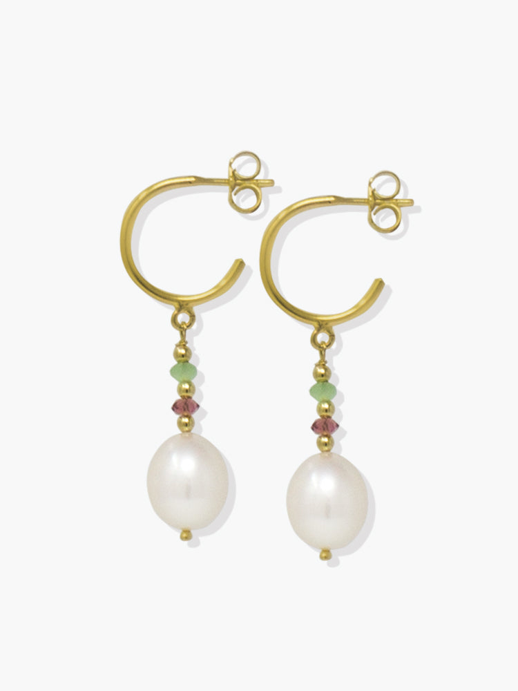 Pearls & Tourmalines small hoop earrings in green and red by Vintouch Jewels