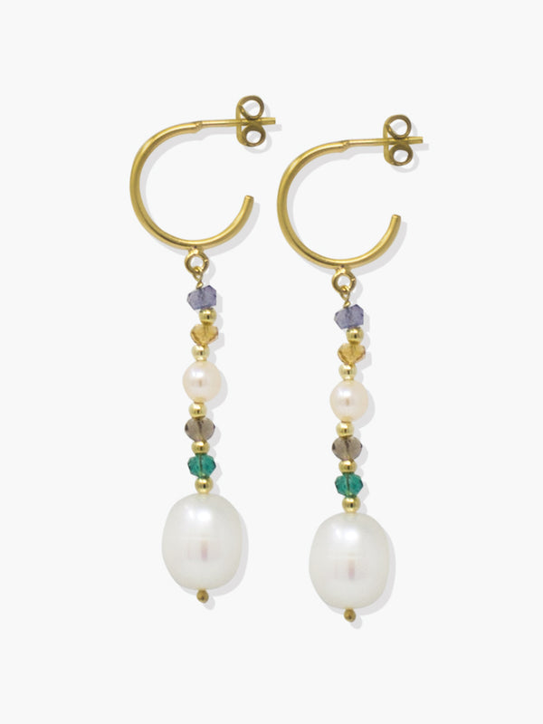 Pearls and Tourmalines hoop earrings by Vintouch Jewels featuring baroque pearls and multicolor green, orange, blue and yellow gemstones. 