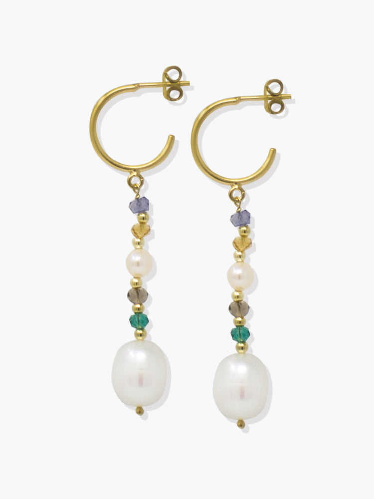 Pearls and Tourmalines hoop earrings by Vintouch Jewels featuring baroque pearls and multicolor green, orange, blue and yellow gemstones. 