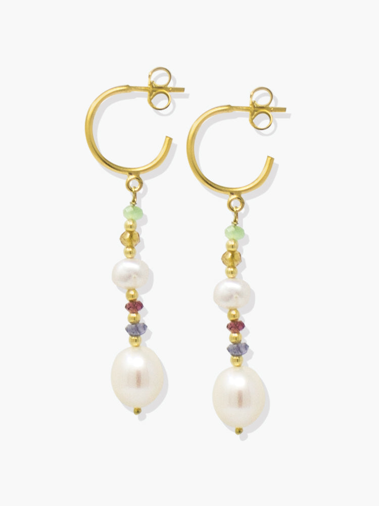 Pearls and Tourmalines hoop earrings by Vintouch Jewels featuring baroque pearls and multicolor blue, red, yellow and light green gemstones. 