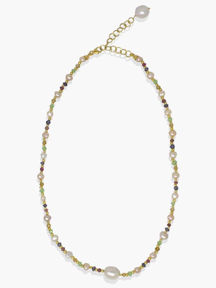 Sparkling Seas Necklace by Vintouch Jewels, featuring pearls, multicolor natural gemstones and tiny 18k gold plated silver beads that will add a bright detail to your summertime outfits.