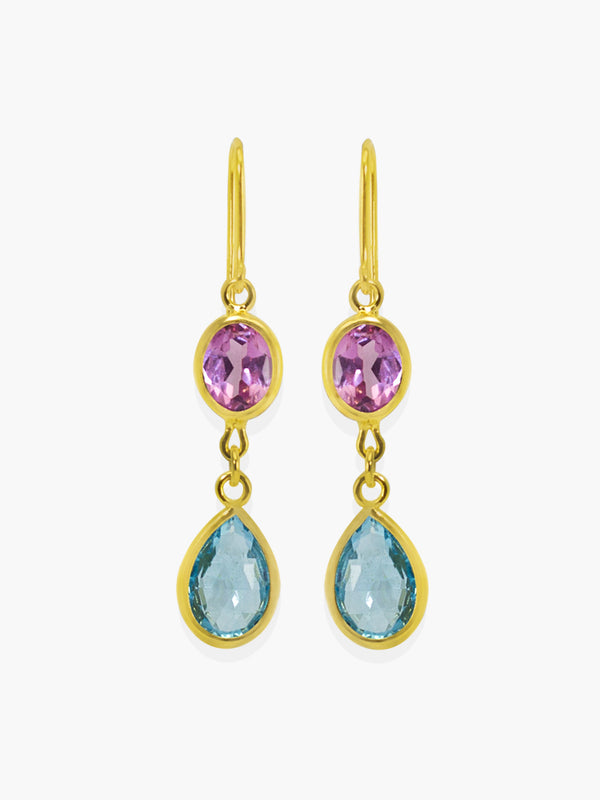 Ravello Multicolor Drop Earrings by Vintouch Jewels handmade with pink agate and sky blue topaz cabochons, available either in 18k gold plated silver or 14k yellow gold.