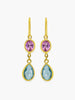 Ravello Multicolor Drop Earrings by Vintouch Jewels handmade with pink agate and sky blue topaz cabochons, available either in 18k gold plated silver or 14k yellow gold. 