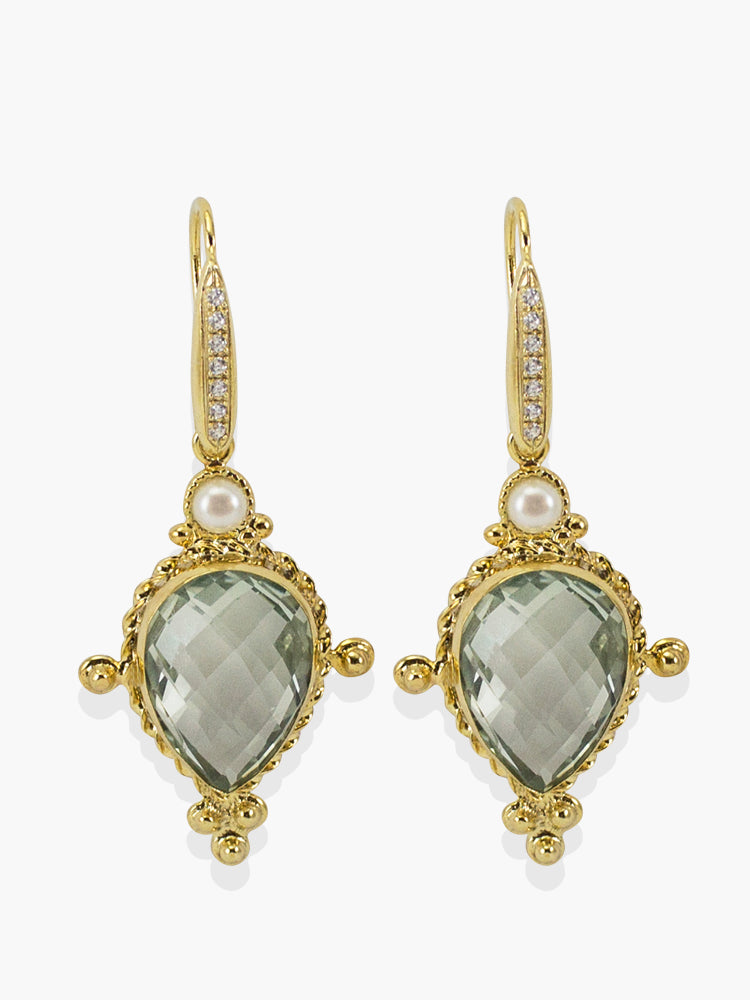 Juno Prasiolite Earrings handmade by Vintouch Jewels with prasiolite gemstones and 18k gold plated silver. 