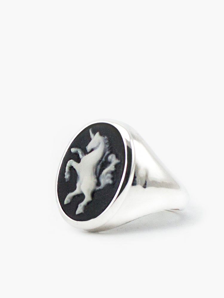 Unicorn Cameo Signet Ring by Vintouch Jewels, hand-carved from porcelain and handset in sterling silver. 