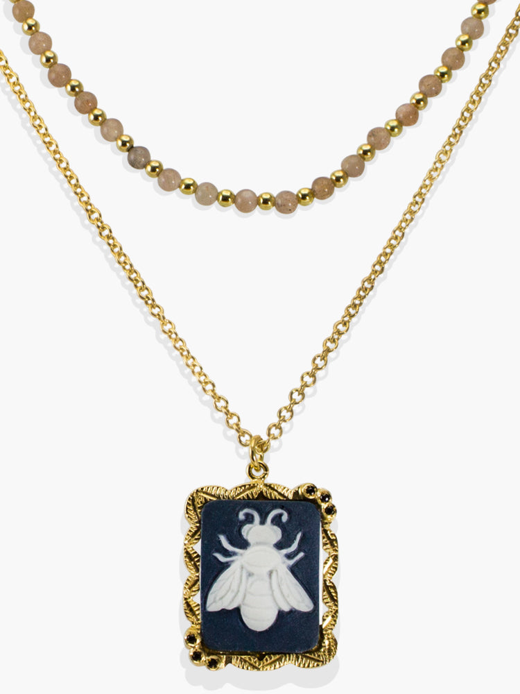 Bee Cameo & Pink Labradorite Layered Necklace | Vintouch Jewels