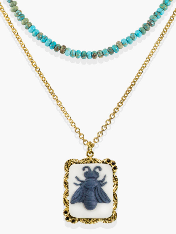 Bee Cameo & Turquoise Necklace set in 18k gold over sterling silver | Vintouch Jewels