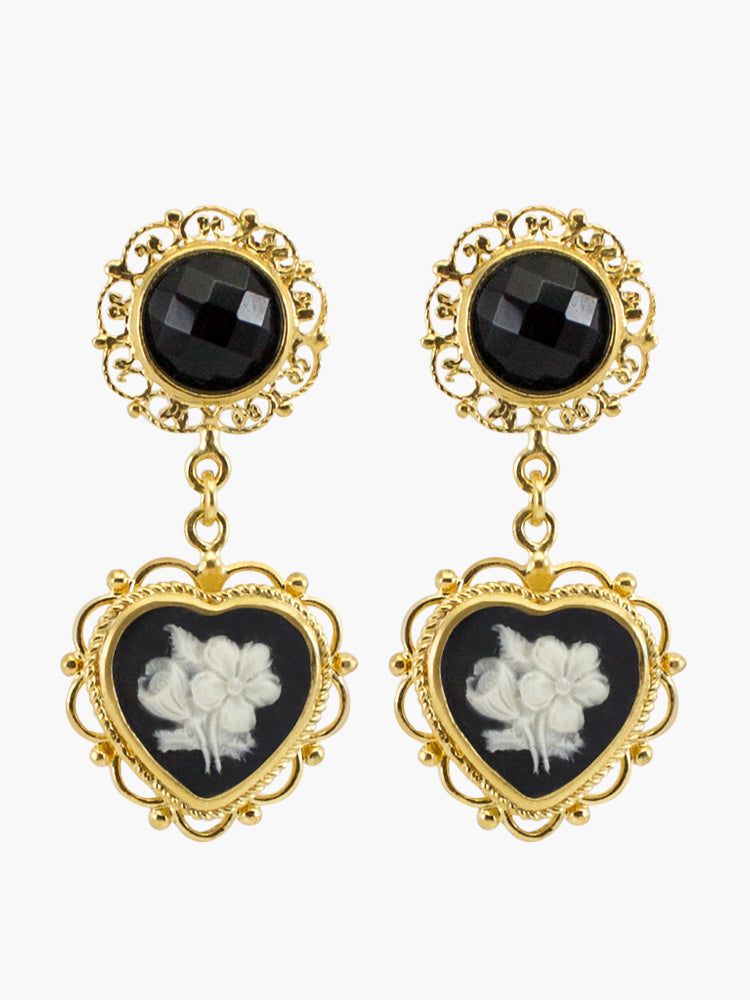 Bouquet Cameo Earrings by Vintouch Jewels, hand-carved from porcelain and set in 18k gold plated silver, pending on black onyx gemstones. 