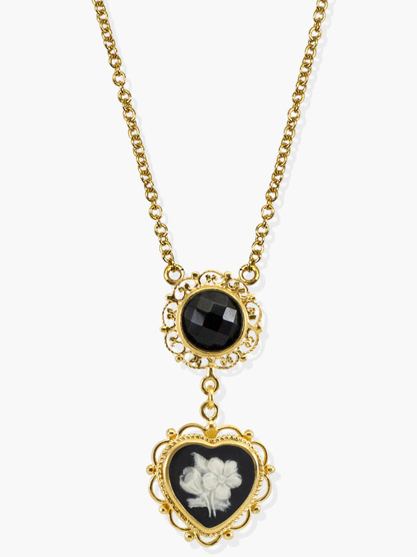 Bouquet Cameo Necklace by Vintouch Jewels, handmade from 18k gold over sterling silver featuring a hand-carved cameo and a black onyx gemstone. 
