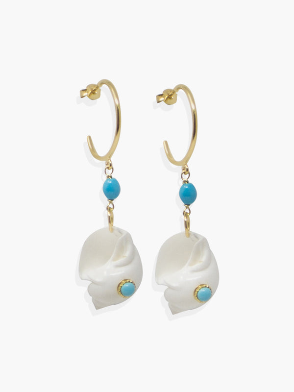 Nassau Shell Hoop Earrings with turquoise beads. Cast from 18k gold over silver. 