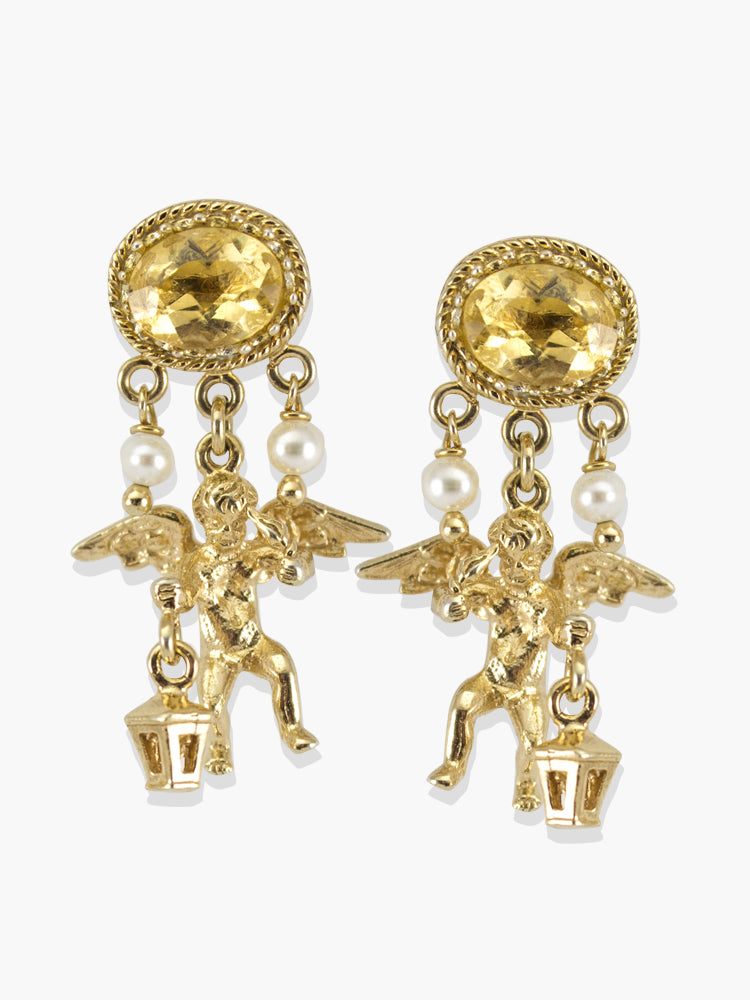 Cherubini Earrings by Vintouch Jewels, made with pearls and yellow citrine gemstones. Symbolizing protection, they're cast from 18k gold plated silver. 